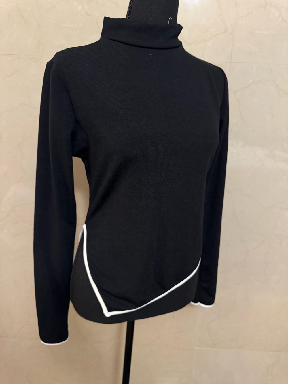 Black Turtleneck Long Sleeve Top with White Trim